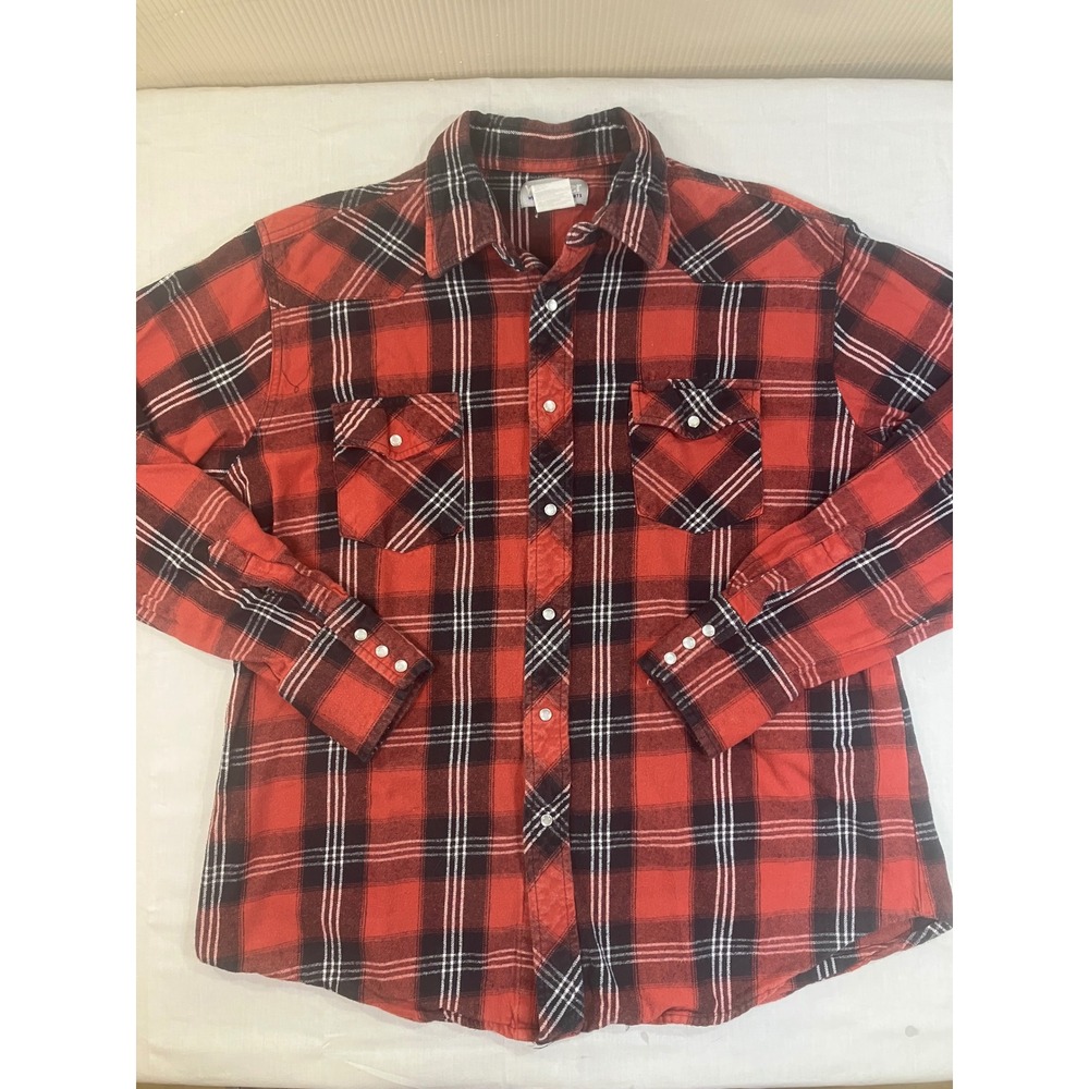 Wrangler Mens Red Black Plaid Western Pearl Snap‎ Long Sleeve Work Shirt XL